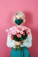 Portrait of Young Woman Wearing Mask and Holding Beautiful Bouquet, Generative AI. photo