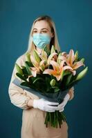 Portrait of Young Woman Wearing Mask and Holding Beautiful Lilies Bouquet, Generative AI. photo