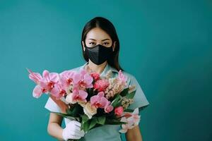 Portrait of Young Woman Wearing Mask and Holding Beautiful Bouquet, Generative AI. photo