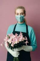 retrato de hembra florista vistiendo máscara y participación hermosa orquídea ramo. generativo ai. foto