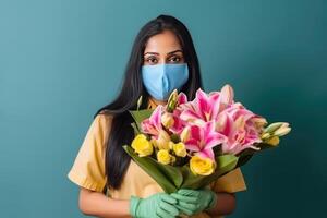 Indian Young Woman Wearing Mask and Holding Bouquet of Roses and Lily Flower, Generative AI. photo