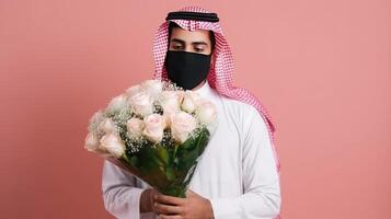 Portrait of Arabian Man Wearing Mask and Holding Beautiful Roses Bouquet, Generative AI. photo