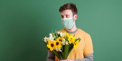 Closeup Portrait of Young Man Wearing Mask and Holding Beautiful Bouquet. Generative AI. photo