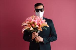 Portrait of Indian Man in Formal Suit with Mask and Holding Lilies Bouquet, . photo