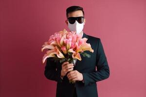 retrato de indio hombre en formal traje con máscara y participación lirios ramo, generativo ai. foto