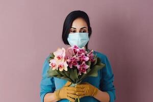 Portrait of Mid Aged Woman Wearing Mask and Holding Orchid Bouquet, Generative AI. photo