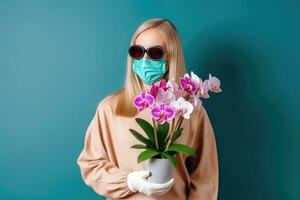 retrato de ruso hembra vistiendo máscara y participación orquídea florero, generativo ai. foto