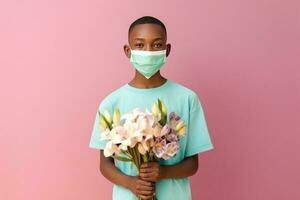 Portrait of African Teenage Boy Wearing Mask and Holding Bouquet, Generative AI. photo