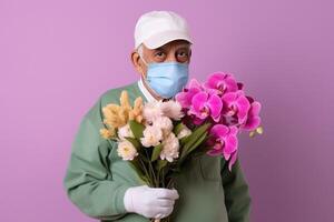 retrato de mayor hombre vistiendo máscara y participación varios flor ramo, generativo ai. foto