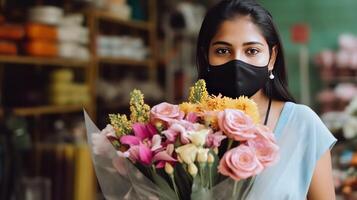 Closeup Portrait of Indian Female Florist Wearing Mask While Working in Her Shop, Generative AI. photo