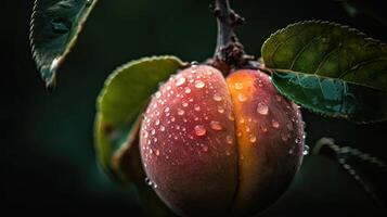 hermosa orgánico antecedentes de colgando recién melocotón o albaricoque en rama y agua gotas. creado por generativo ai tecnología. foto