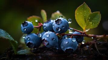 un cautivador fotografía ese realce único antecedentes de Fresco arándanos en rama con agua gotas, creado por generativo ai tecnología. foto