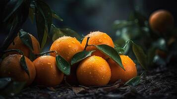 A Captivating Photograph that Highlight Unique Background of Juicy Fresh Orange with Green Leaves and Water Droplets. Created By Technology. photo