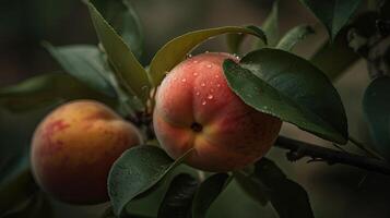 Beautiful Organic Background of Freshly Peach or Apricot on Branch and Water Droplets. Created By Technology. photo