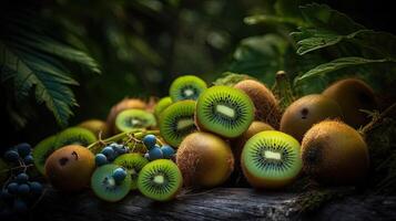 hermosa orgánico antecedentes de jugoso Fresco kiwi y azul bayas, creado por generativo ai tecnología. foto