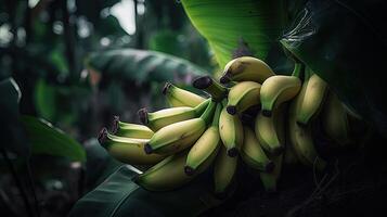 lado cerca Disparo de plátano árbol con maduro frutas creado por generativo ai tecnología. foto