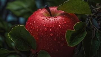 Beautiful Organic Background of Juicy Fresh Red Apple with Water Droplets, Leaves. Created By Technology. photo