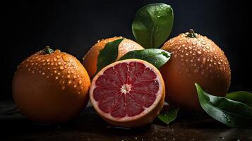 A Captivating Photograph that Highlight Unique Background of Juicy Fresh Grapefruits with Green Leaves and Water Droplets. Created By Technology. photo