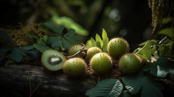 Beautiful Organic Background of Whole and Cut Fresh Kiwifruits, Created By Technology. photo