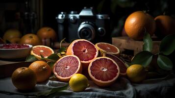 A Captivating Photograph that Highlight Unique Background of Juicy Fresh Grapefruits in Whole and Cut. Created By Generative AI Technology. photo