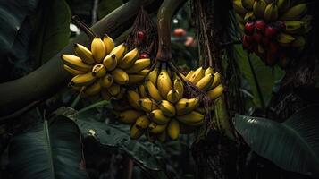 cerca Disparo de plátano árbol con maduro frutas creado por generativo ai tecnología. foto