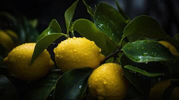 A Captivating Photograph that Highlight Unique Background of Fresh Lemon on Branch and Water Droplets. Created By Technology. photo