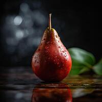 Striking Photography of Delicious Ripe Pear with Water Drops on Dark Background, . photo