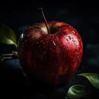 sorprendentes fotografía de delicioso rojo manzana con hojas y gotita agua en oscuro fondo, generativo ai. foto