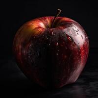 sorprendentes fotografía de delicioso rojo manzana con agua gotas en oscuro fondo, generativo ai. foto