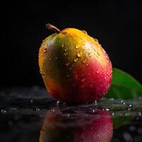 Striking Photography of Red And Yellow Ripe Pear with Droplet Water on Dark Background. . photo