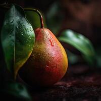 Striking Photography of Delicious Ripe Pear with Leaf and Water Drops on Dark Background, . photo