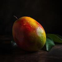 Striking Photography of Delicious Ripe Alphonso Mango with Leaves on Dark Background. . photo