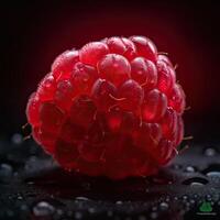 sorprendentes fotografía de jugoso rasberry aislado en oscuro antecedentes. generativo ai. foto