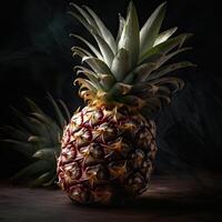 Striking Photography of Delicious Ripe Pineapple with Green Leaves on Dark Background, Generative AI. photo