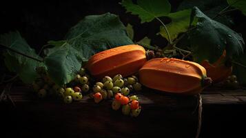 un cautivador fotografía ese realce único antecedentes de Fresco calabazas, bayas, hojas y agua gotas, creado por generativo ai tecnología. foto