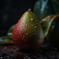 Striking Photography of Ripe Avocado Adorned with Droplet Water and Leaves on Dark Background, . photo