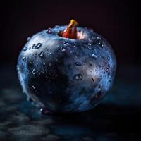 sorprendentes fotografía de maduro azul baya con agua gotas en oscuro fondo, generativo ai. foto