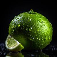 Striking Photography of Juicy Green Lemon with Slilce on Dark Background, Generative AI. photo