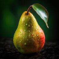 sorprendentes fotografía de delicioso maduro Pera con gotita agua en verde fondo, generativo ai. foto