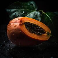 Striking Photography of Juicy Papaya Cut Piece with Seeds and Green Leaves on Dark Background. . photo