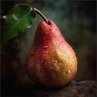 Striking Photography of Delicious Ripe Pear with Droplet Water on Dark Background, . photo