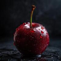 sorprendentes fotografía de delicioso rojo Cereza con agua gotas en oscuro fondo, generativo ai. foto