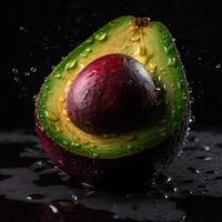 sorprendentes fotografía de maduro aguacate adornado con agua gotas en oscuro fondo, generativo ai. foto