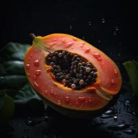 Striking Photography of Juicy Papaya Cut Piece with Seeds and Green Leaves on Dark Background. Generative AI. photo