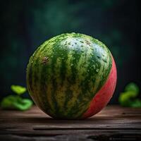 sorprendentes fotografía de delicioso maduro sandía con agua gotas en oscuro fondo, generativo ai. foto