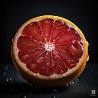 Striking Photography of One Half Juicy Grapefruit on Dark Background, Generative AI. photo