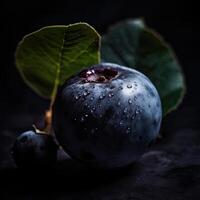 sorprendentes fotografía de maduro azul baya con hojas y agua gotas en oscuro fondo, generativo ai. foto