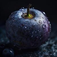Striking Photography of Ripe Blue Berry with Water Drops on Dark Background, . photo