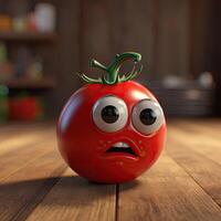 pixar estilo triste tomate 3d personaje en brillante de madera antecedentes. generativo ai. foto