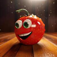 pixar estilo contento tomate 3d personaje con gotita agua en brillante de madera antecedentes. generativo ai. foto